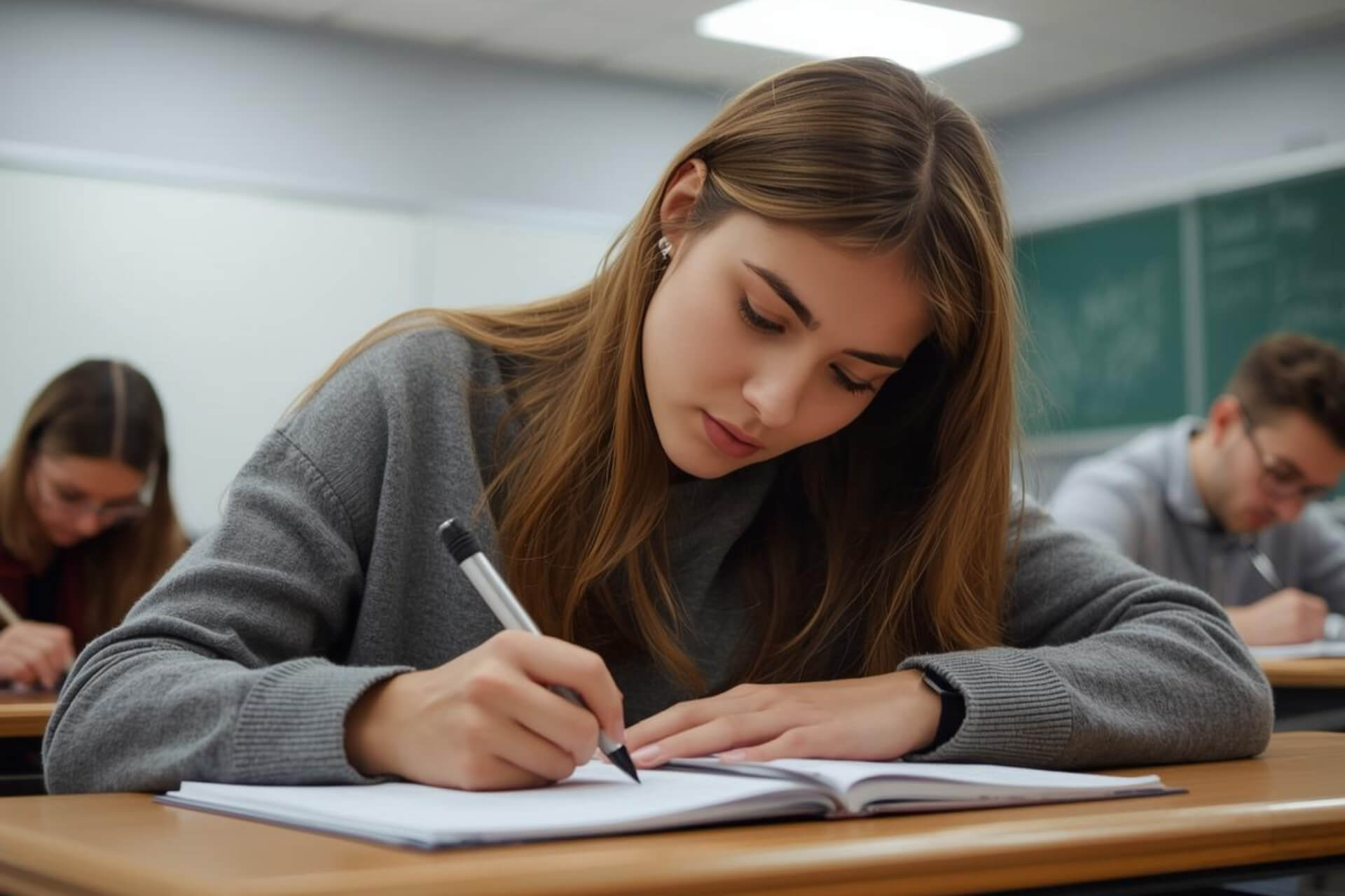 Students studying together at a desk, preparing for the TOEIC test with notes and study materials.